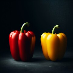 Yellow and red peppers stand on a wooden table. 