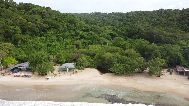 aerial view of beautiful caribbean beach in the Venezuela coast. Drone shot of white sand and pristine tropical landscape with wild forest in the town of Chuspa