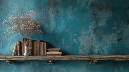 books are casually stacked on a wooden bookshelf with a vase, blue shabby background, empty space for text on the side