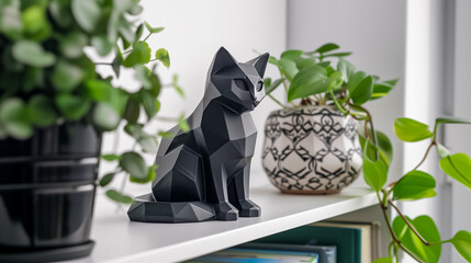 un chat en porcelaine noire style géométrique posé sur une étégère