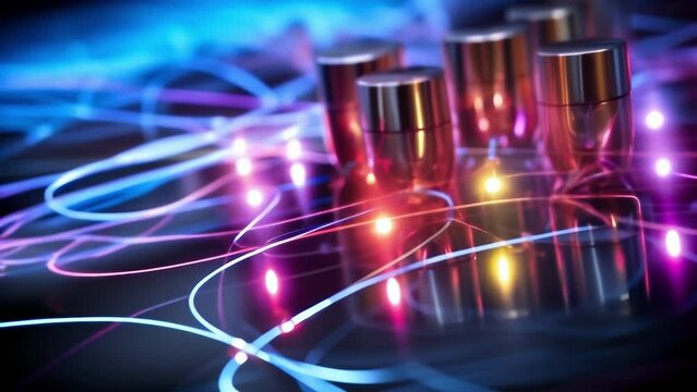 A closeup capture of quantum entanglement in action, where two qubits are linked and can affect each others state even when separated by great distances.