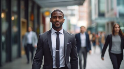 portrait of a handsome smiling white young black businessman boss in a black suit walking on a city street to his company office. blurry crowdy street background --ar 16:9