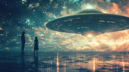 a meeting between a man and an alien, a flying saucer flies among the starry night sky
