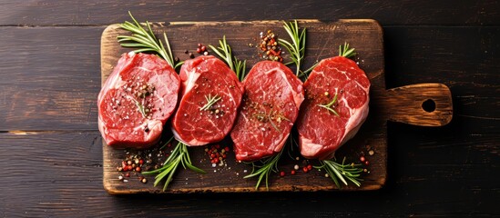 raw beef steaks on a wooden cutting board with rosemary and pepper . High quality