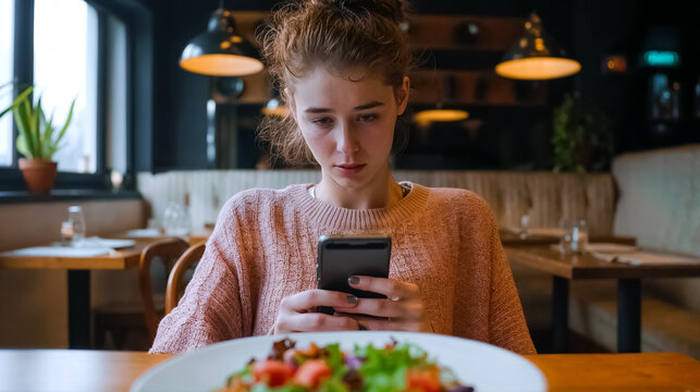 une adolescente regarde son smartphone &agrave; table au restaurant