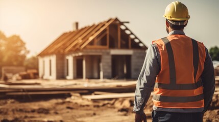 Fototapeta premium inspector or engineer is inspecting construction and quality assurance new house. Engineers or architects or contactor work to build the house before handing, generate by AI.