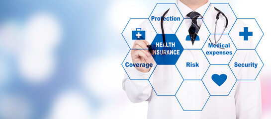 Health insurance concept with word coverage, protection, risk and safety on virtual screen and...