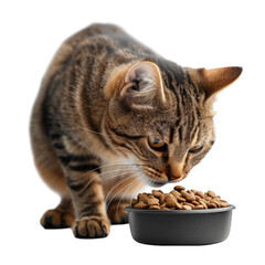 Cat eating food from his bowl on a cutout PNG transparent background