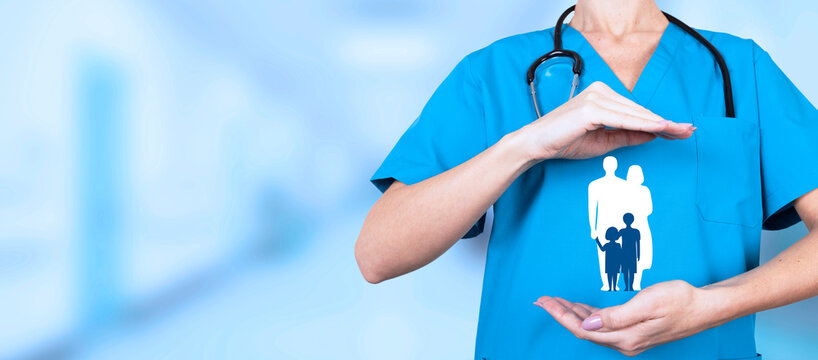 Health, vaccinations, health insurance, life insurance for the whole family. Practicing doctor with hand protective gesture and family symbol. Copy space.