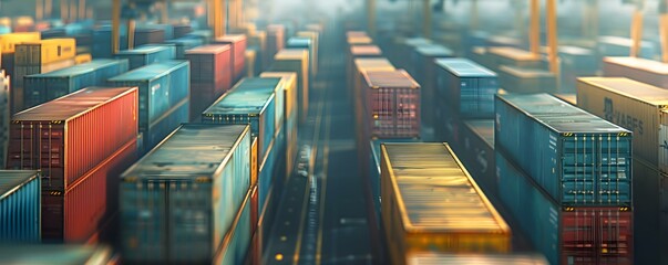 A busy port with rows of stacked shipping containers in a logistic hub. Concept Logistics Hub, Stacked Containers, Port Activity, Shipping Industry, Industrial Landscape - obrazy, fototapety, plakaty
