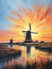 Glowing Evening: Majestic Dutch Windmills at Golden Hour Painting