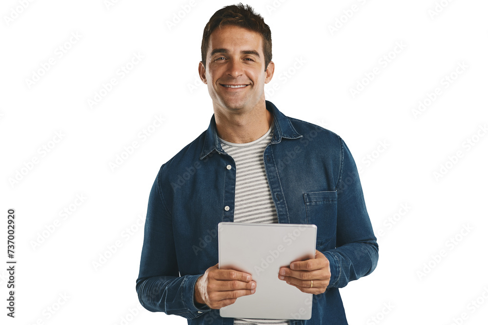 Aufkleber creative, man and happy portrait with tablet for social media in transparent, isolated or png backgr