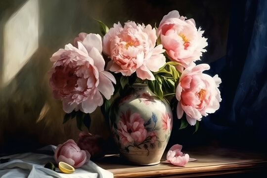 Bouquet of peonies in ceramic vase on a table, still life, watercolor painting