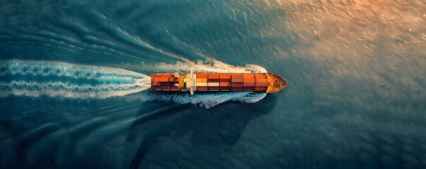 Birds eye view of a cargo ship sailing on the open sea. Concept Oceanic logistics, Maritime transport, Cargo vessel, Open water journey, Aerial perspective