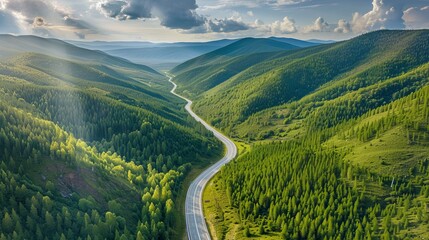 Aerial panorama of Chui tract or Chuya Highway in the Altai mountains. Highway road in mountain valley. Summer landscape. Altai Republic, Shebalinsky district, South Siberia, Russia - obrazy, fototapety, plakaty