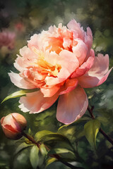 Flowering pink peony closeup in the summer garden, watercolor painting.