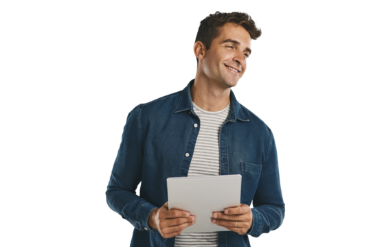 Creative, man and happy with tablet for planning on social media in transparent, isolated or png background. Internet, networking and person with technology for work communication online and post