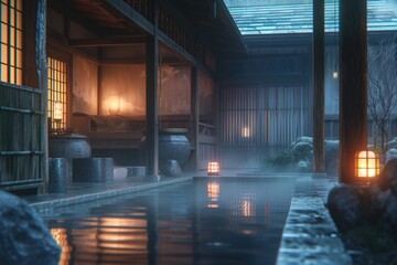 Japanese onsen ryokan. Japanese open-air baths using hot water from geothermally heated springs. Tradaitonal style architecture ryokan - obrazy, fototapety, plakaty