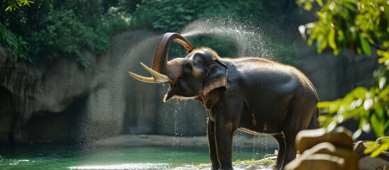 an elephant is spraying water from its trunk while standing next to a river . High quality