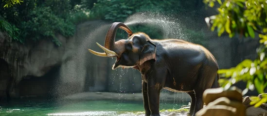 Foto auf Alu-Dibond an elephant is spraying water from its trunk while standing next to a river . High quality © 2rogan