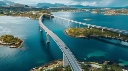 Aerial view Saltstraumen bridge in Norway road above sea connecting islands top down scenery transportation infrastructure famous landmarks scandinavian landscape 