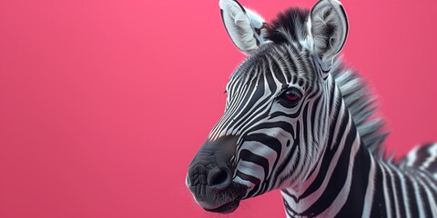 Beautiful closeup face of zebra on the pink background. Animal concet