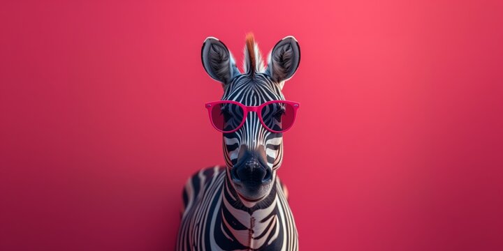 Beautiful closeup face of zebra in glasses on the pink background. Animal concet