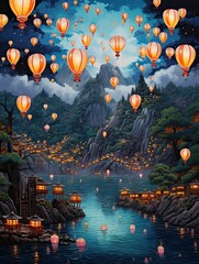Floating Lantern Festivals Plateau Art Print: High and Low Lanterns Illuminate the Night Sky