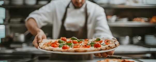 Expert cook making a delicious pizza in a contemporary restaurant kitchen. Concept Gourmet Pizza, Masterful Cooking, Modern Kitchen, Culinary Delights