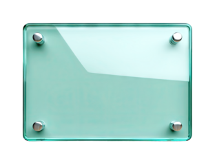 Transparent glass plate on metal holders. Advertising sign isolated on transparent PNG background.  Generative AI