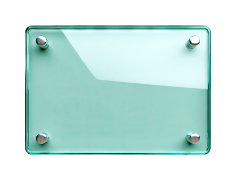 Transparent glass plate on metal holders. Advertising sign isolated on transparent PNG background.  Generative AI