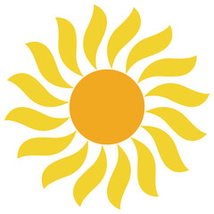 Sun logo icon with curly calligraphic rays, yellow sun carton