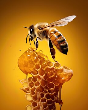 Bee producing honey in honeycomb. Closeup macro image. Generative Ai