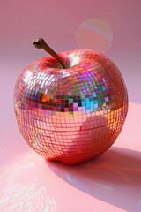 an pink apple as a disco ball on pink background