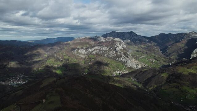 Aerial View of Asturias with Picos de Europa in the Horizon. Verdant Valleys Near Parque Natural de Babia y Luna 