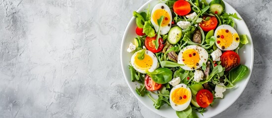 A delicious food dish consisting of a salad with hard boiled eggs, tomatoes, cucumbers, and lettuce served on a white plate