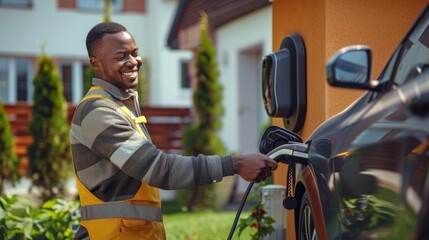 Electrician man smiling and installing a home charging.