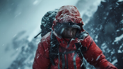 Close up of a mountain climber who struggling at top of mountain during storm, generative ai - obrazy, fototapety, plakaty