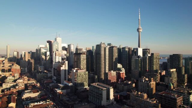 Toronto skyline from Kensington Market area. 4K aerial