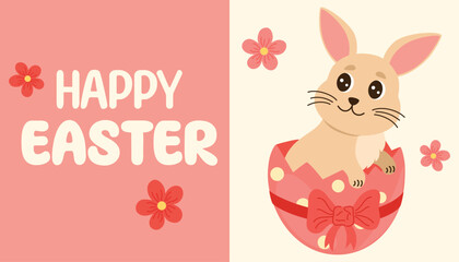 Easter cute bunny. Adorable easter rabbit with egg. Happy Easter card for poster, card, scrapbooking, stickers. Hand draw Flat cartoon vector illustration.