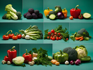 Colorful and healthy vegetables arranged in a bowl on a bright green background.