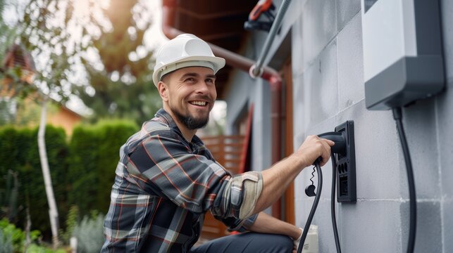 Electrician man smiling and installing a home charging.