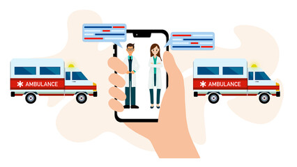 an ambulance speeding down road responding to an emergency call from a patient, quick response medical ambulance vehicle, Emergency, healthcare and pain with caregiver and patient, Consult a doctor