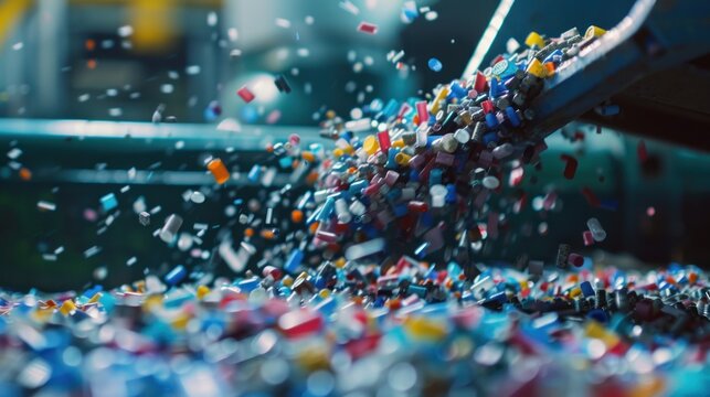 Close-up of recycling plastic into small plastic pellets, plastic recycle concept.