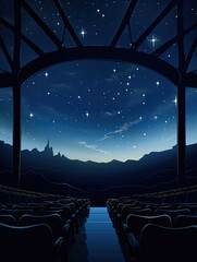 Starlit Theater Silhouettes: Luxurious Art Deco Theaters Night Sky Artwork
