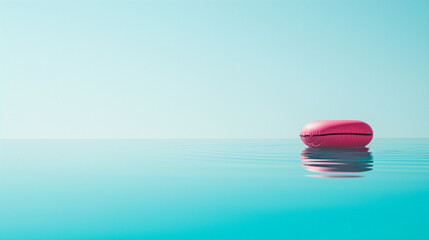 Minimalist image of a singular vibrant pool float on the serene blue water of a swimming pool