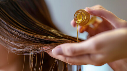 Obraz premium A detailed image of a woman applying natural oil to her hair, with the focus on the hands and hair texture