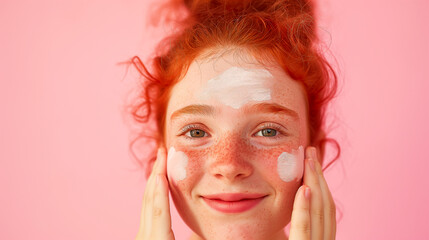 Redheaded adolescent applying sunscreen on her face, against a pastel pink backdrop, illustrating the importance of protection from harmful UV rays for skin care