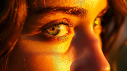 Close-up of a woman with vibrant hazel eyes, golden hour lighting