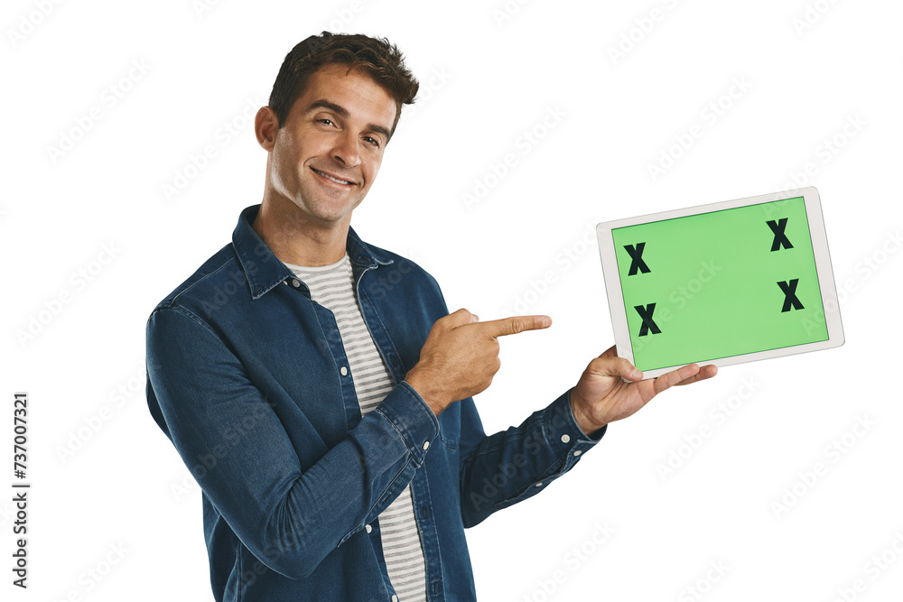Poster portrait, tablet and man pointing at green screen, smile and mockup space isolated on a transparent 